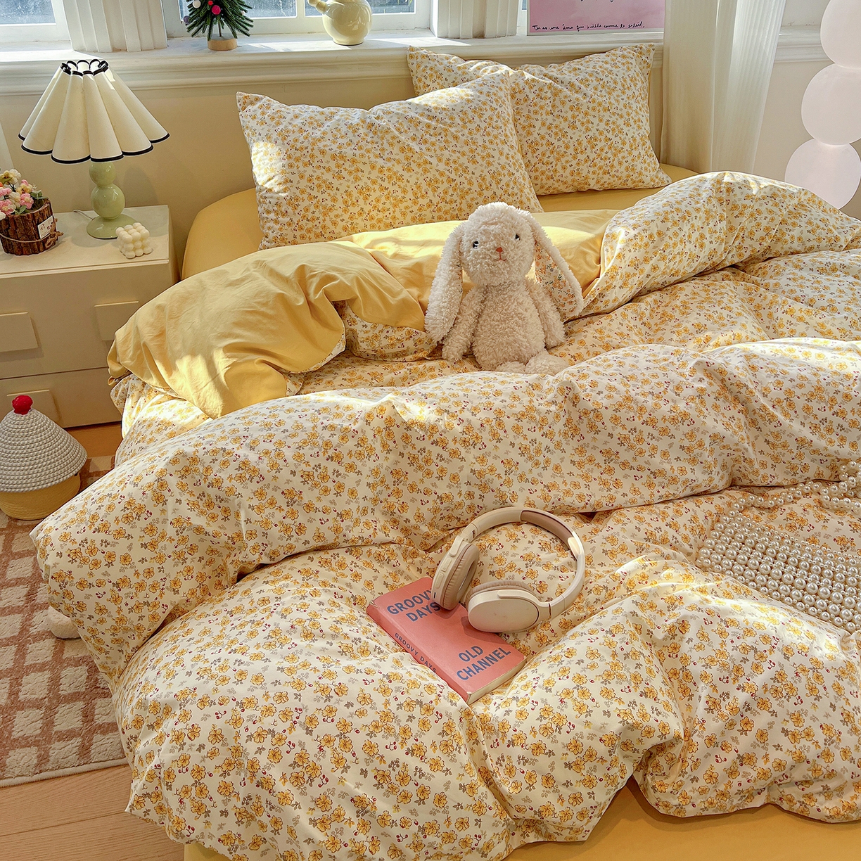 91家纺网 家纺一手货源 找家纺 富米莱（原臻工厂） 2025新款A类古法水洗仿棉云感纱四件套 小黄花