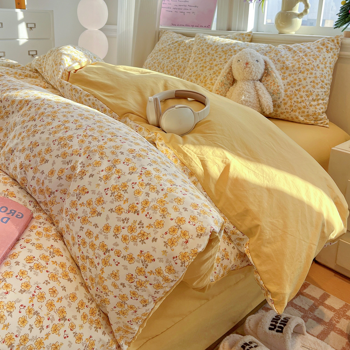 91家纺网 家纺一手货源 找家纺 富米莱（原臻工厂） 2025新款A类古法水洗仿棉云感纱四件套 小黄花