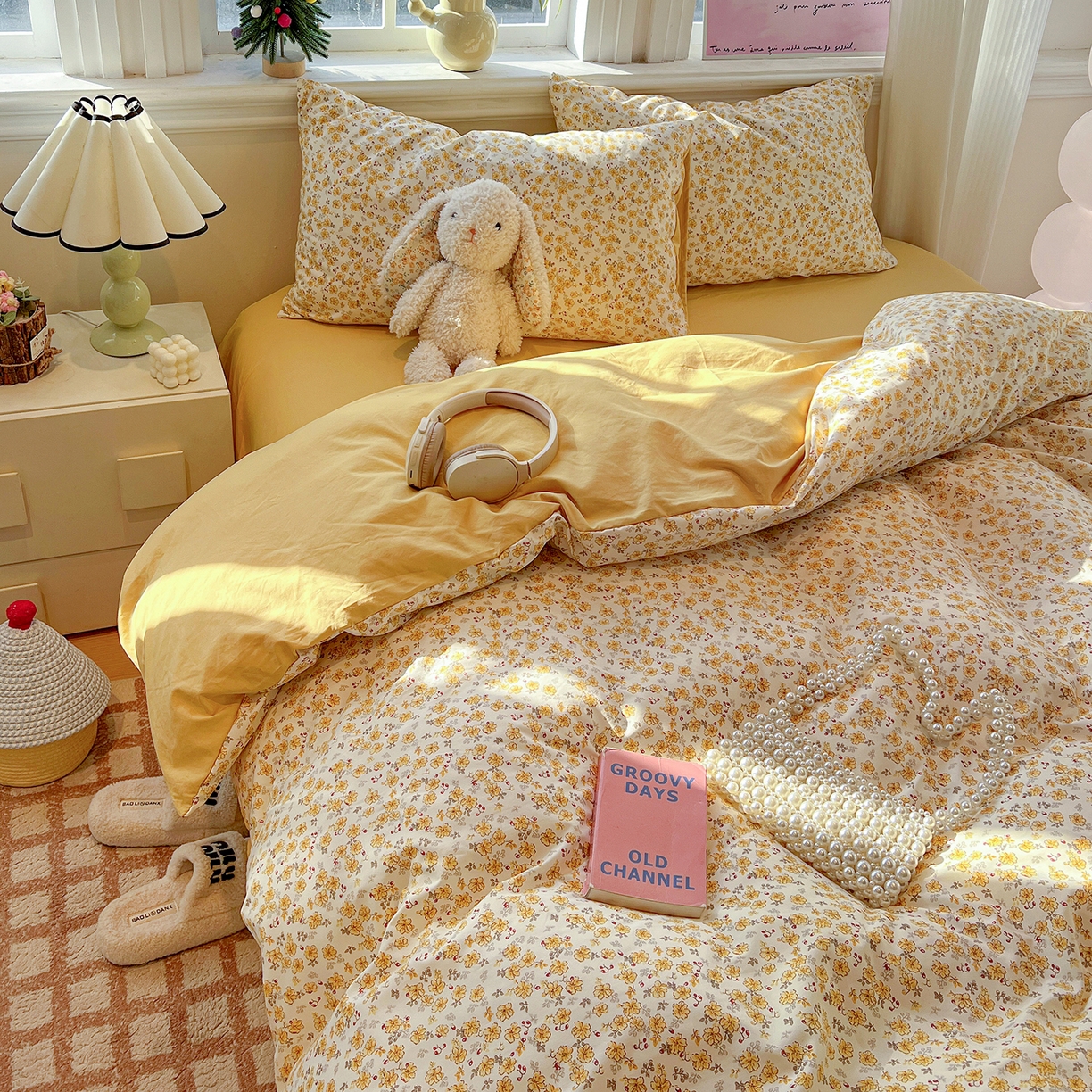 91家纺网 家纺一手货源 找家纺 富米莱（原臻工厂） 2025新款A类古法水洗仿棉云感纱四件套 小黄花