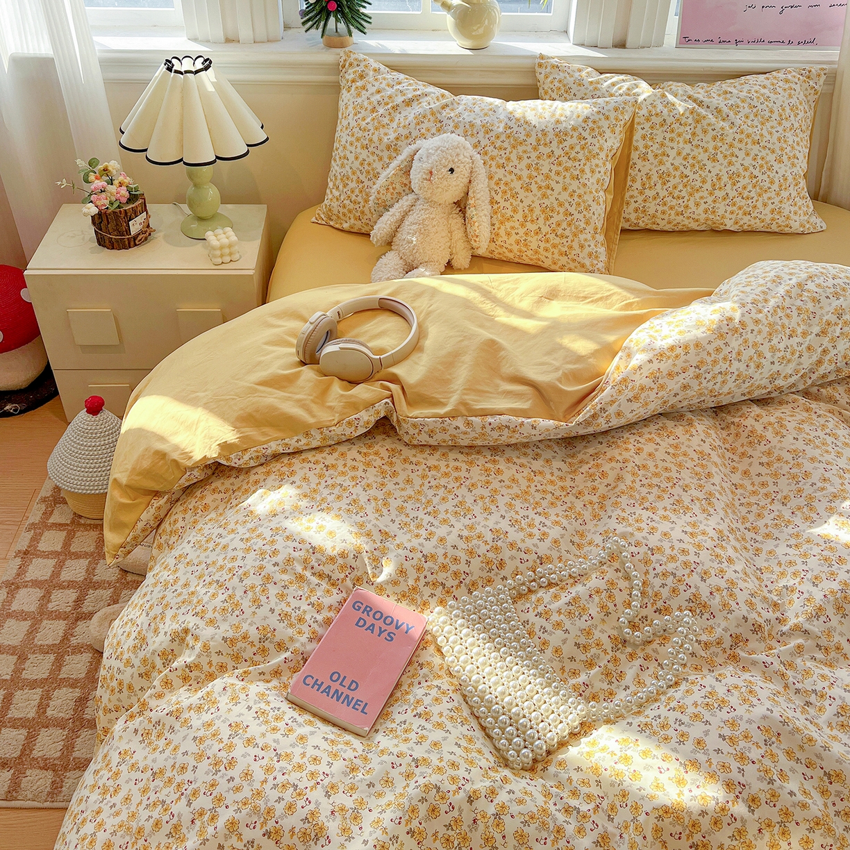 91家纺网 家纺一手货源 找家纺 富米莱（原臻工厂） 2025新款A类古法水洗仿棉云感纱四件套 小黄花