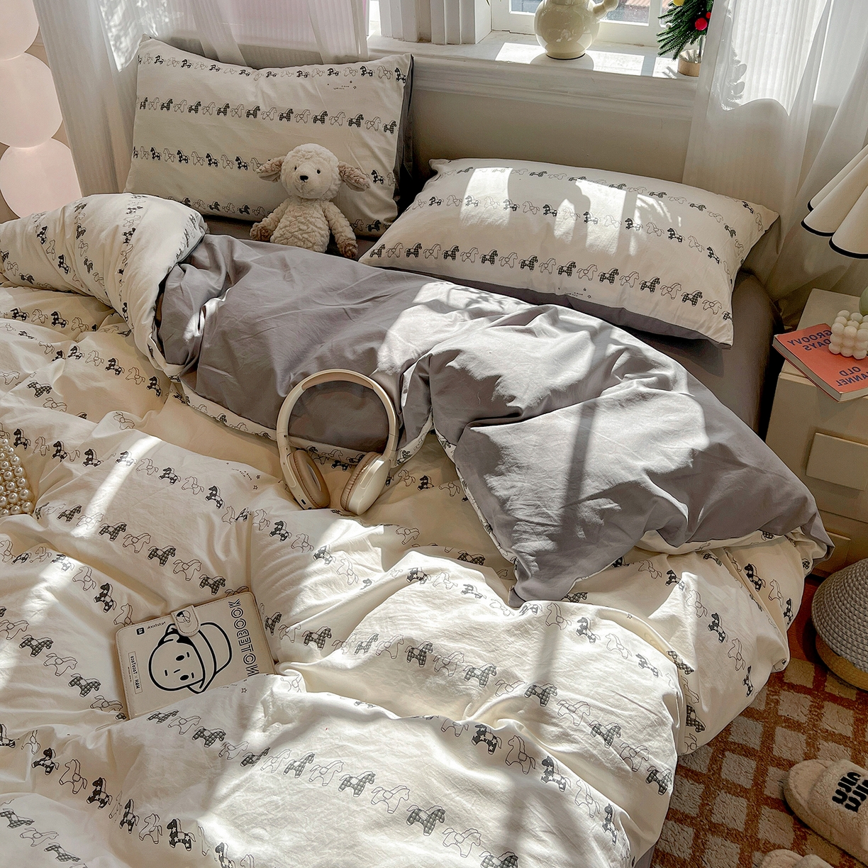 91家纺网 家纺一手货源 找家纺 富米莱（原臻工厂） 2025新款A类古法水洗仿棉云感纱四件套 小木马