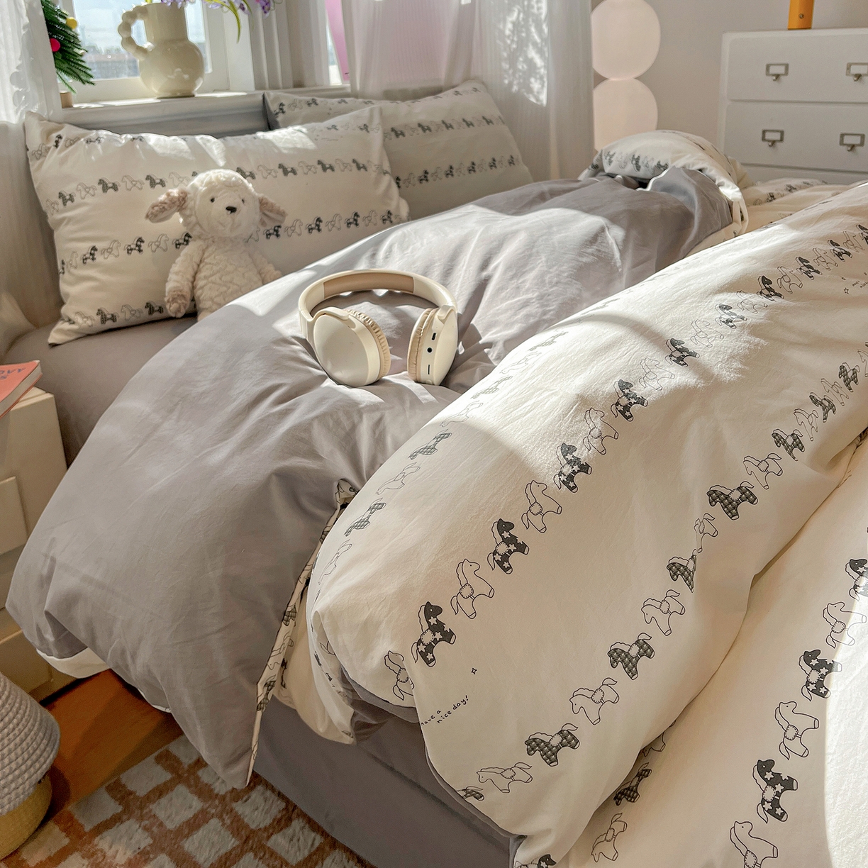 91家纺网 家纺一手货源 找家纺 富米莱（原臻工厂） 2025新款A类古法水洗仿棉云感纱四件套 小木马