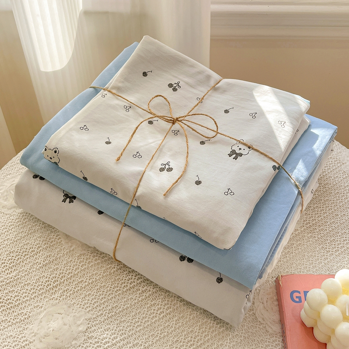 91家纺网 家纺一手货源 找家纺 富米莱（原臻工厂） 2025新款A类古法水洗仿棉云感纱四件套 樱桃熊