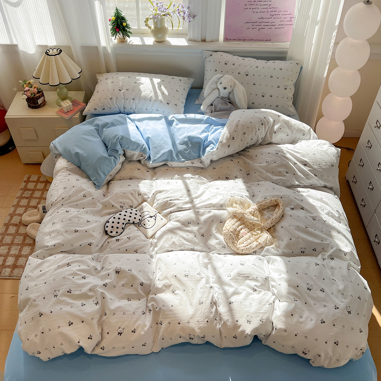 91家纺网 家纺一手货源 找家纺 富米莱（原臻工厂） 2025新款A类古法水洗仿棉云感纱四件套 樱桃熊