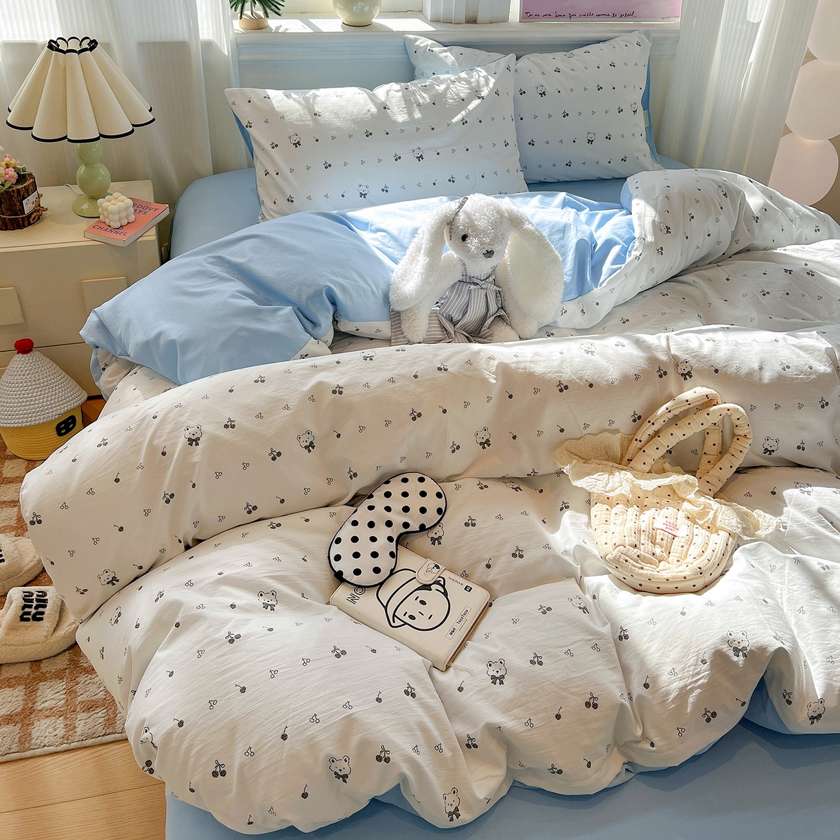 91家纺网 家纺一手货源 找家纺 富米莱（原臻工厂） 2025新款A类古法水洗仿棉云感纱四件套 樱桃熊