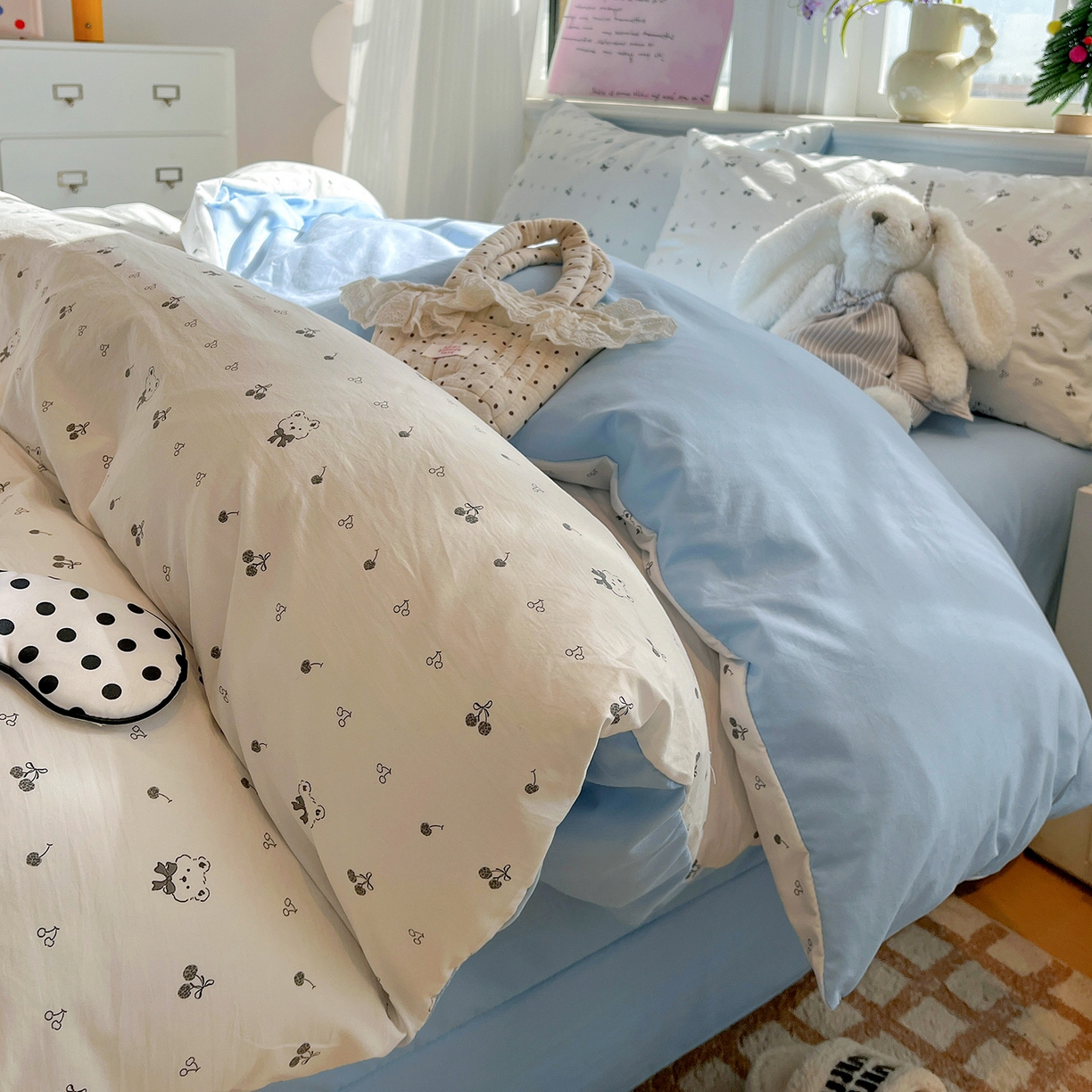 91家纺网 家纺一手货源 找家纺 富米莱（原臻工厂） 2025新款A类古法水洗仿棉云感纱四件套 樱桃熊