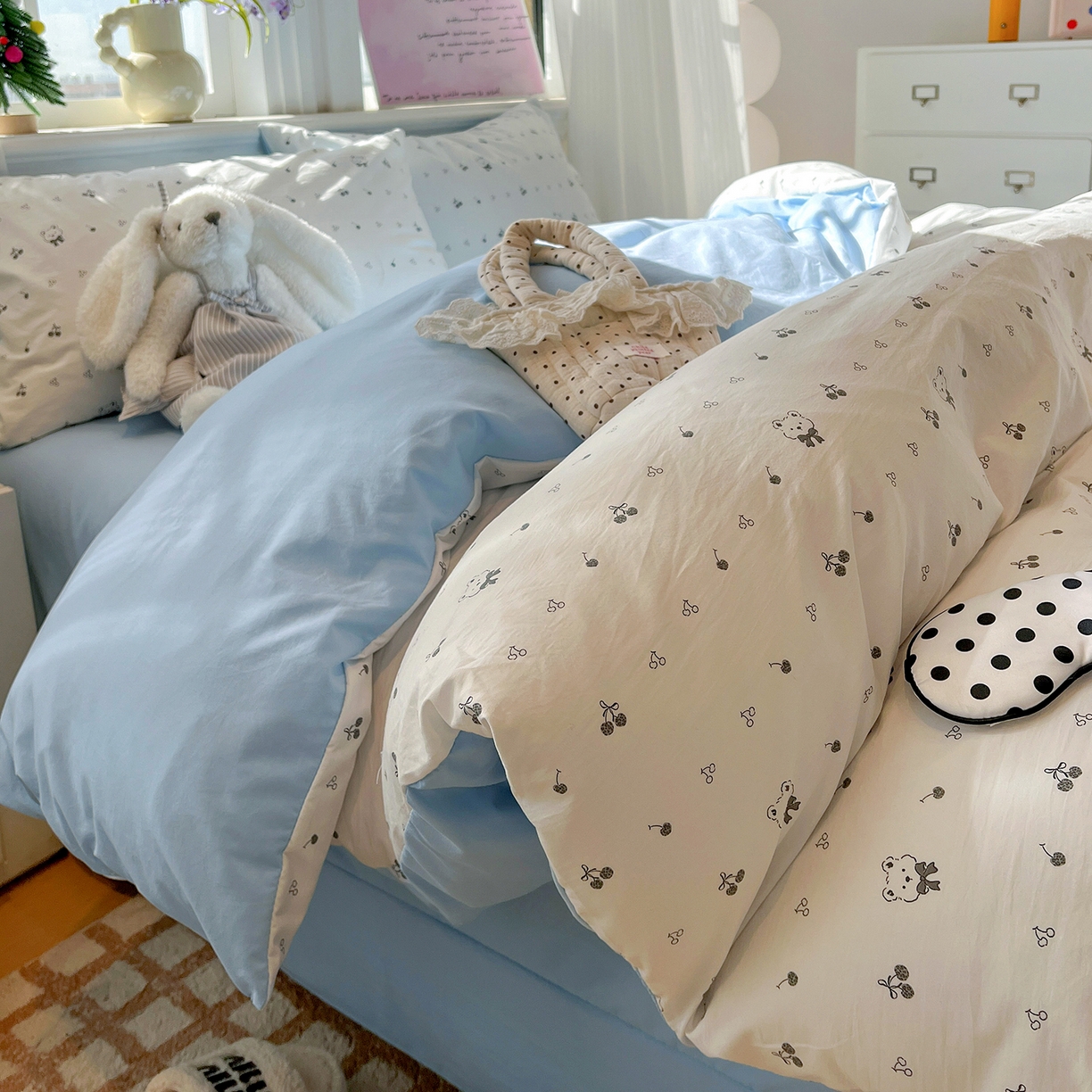 91家纺网 家纺一手货源 找家纺 富米莱（原臻工厂） 2025新款A类古法水洗仿棉云感纱四件套 樱桃熊