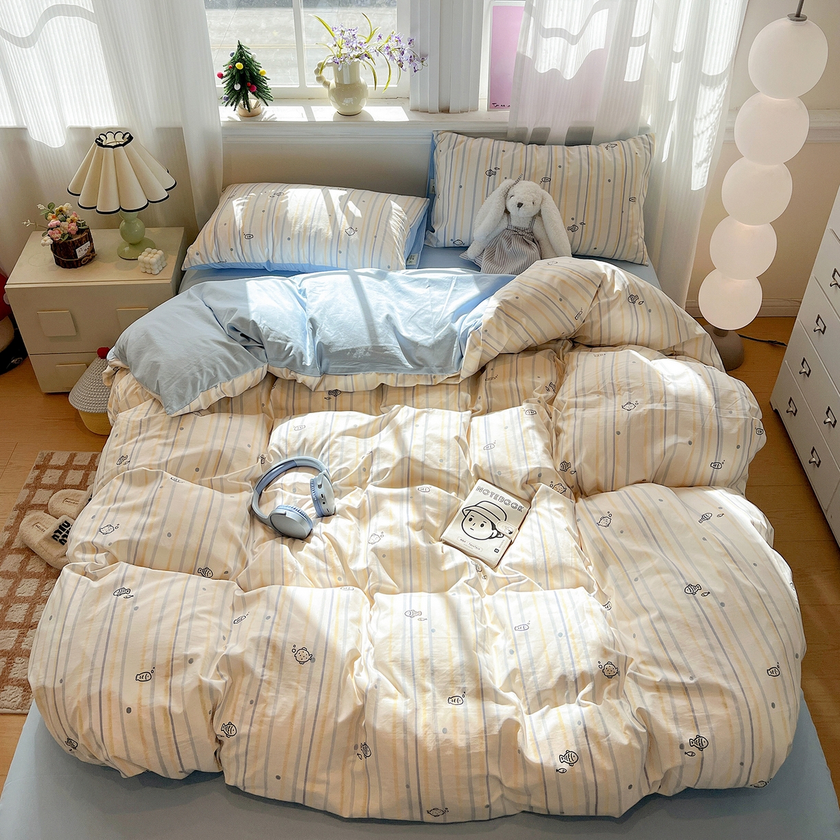 91家纺网 家纺一手货源 找家纺 富米莱（原臻工厂） 2025新款A类古法水洗仿棉云感纱四件套 鱼多多