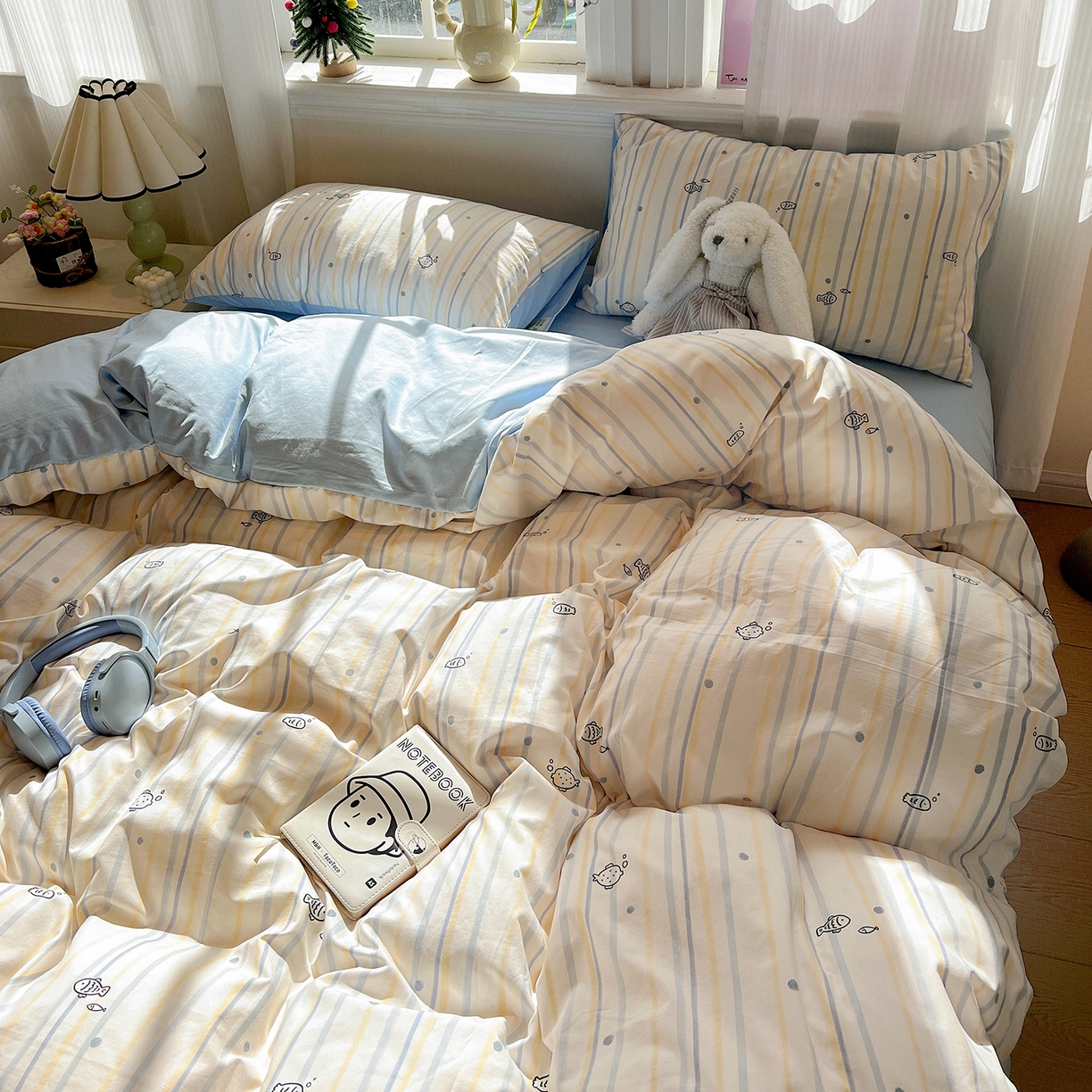 91家纺网 家纺一手货源 找家纺 富米莱（原臻工厂） 2025新款A类古法水洗仿棉云感纱四件套 鱼多多