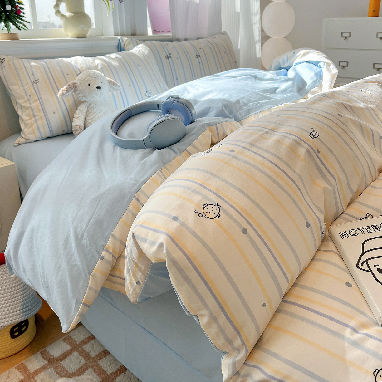 91家纺网 家纺一手货源 找家纺 富米莱（原臻工厂） 2025新款A类古法水洗仿棉云感纱四件套 鱼多多