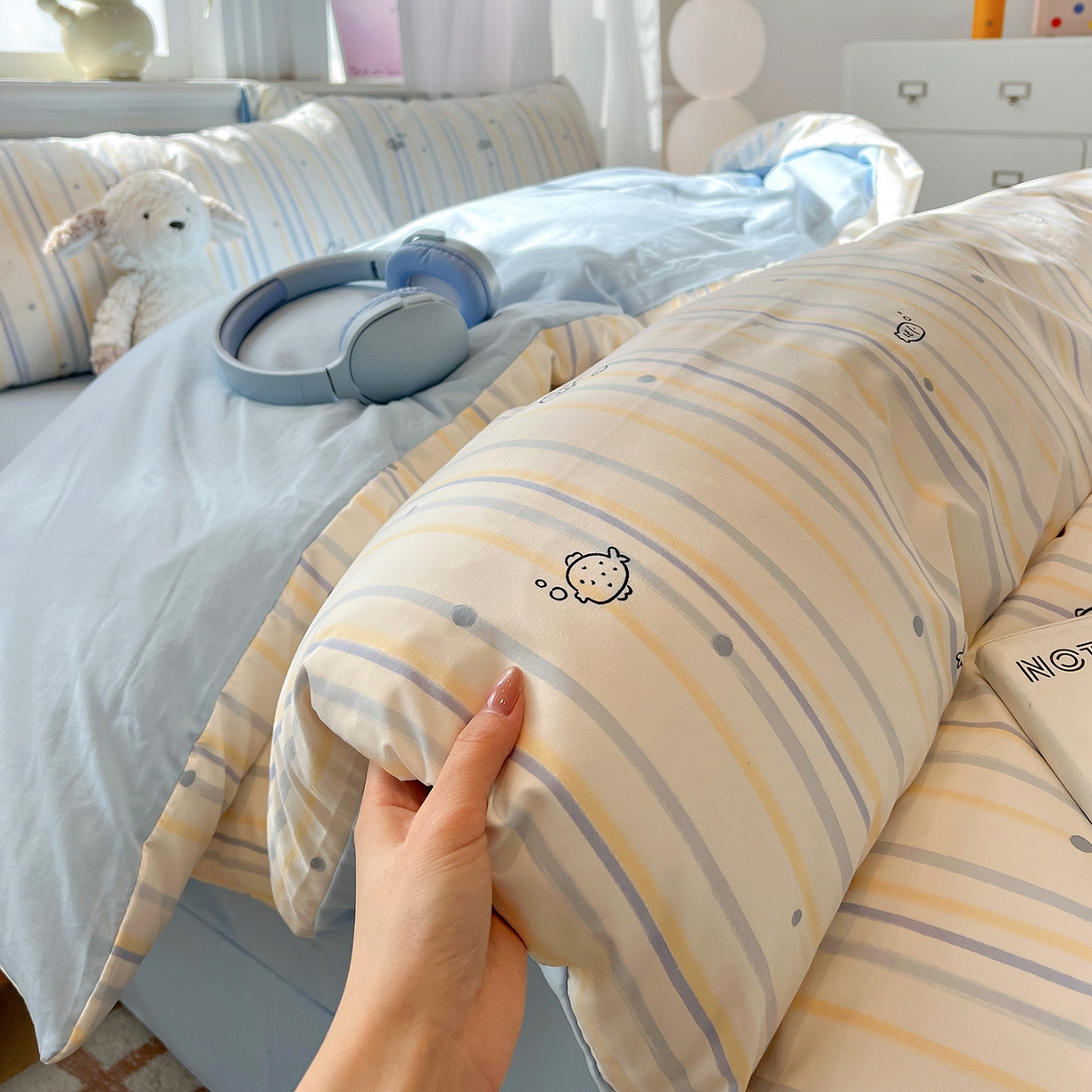 91家纺网 家纺一手货源 找家纺 富米莱（原臻工厂） 2025新款A类古法水洗仿棉云感纱四件套 鱼多多