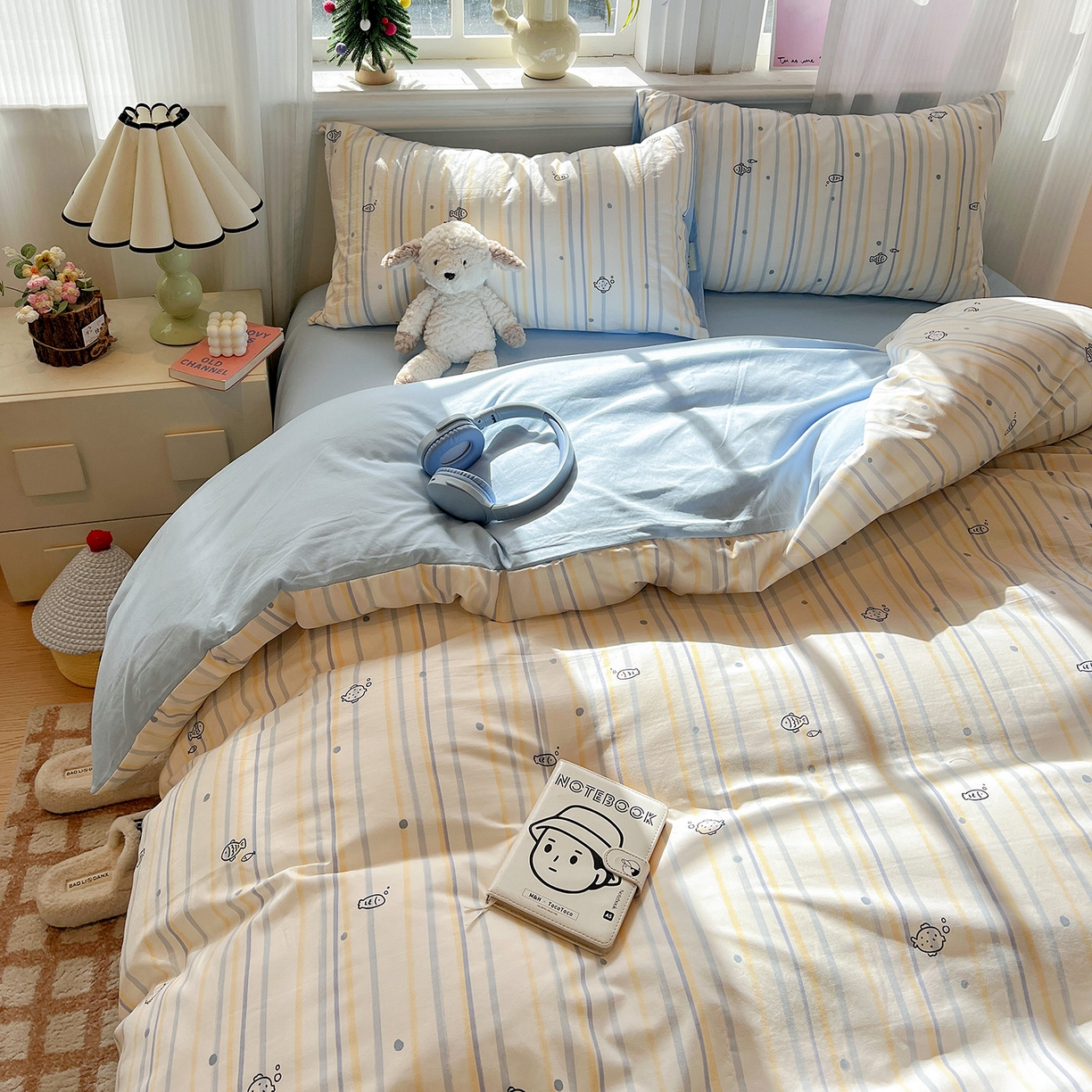 91家纺网 家纺一手货源 找家纺 富米莱（原臻工厂） 2025新款A类古法水洗仿棉云感纱四件套 鱼多多