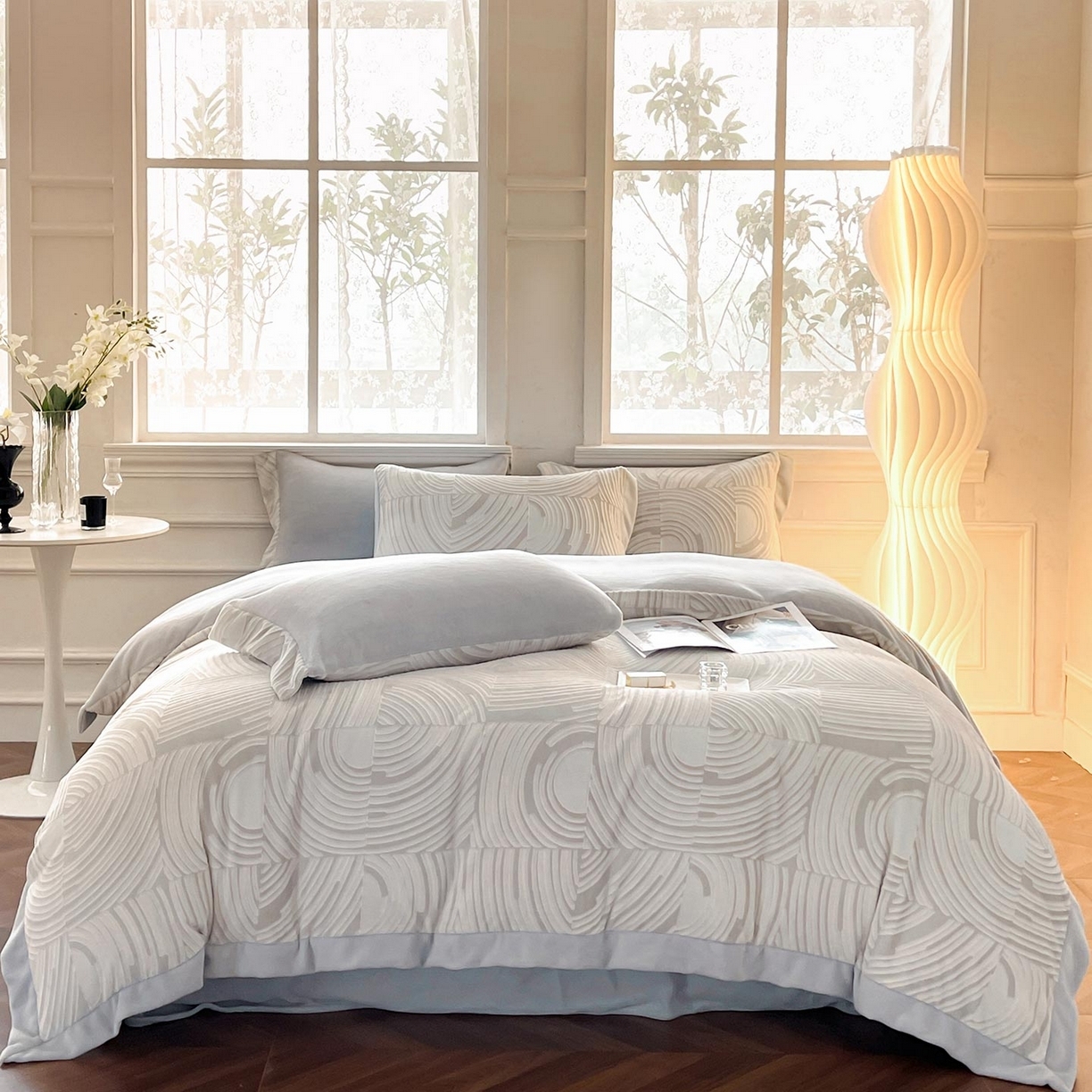 91家纺网 家纺一手货源 找家纺 （总） A类雕花牛奶绒四件套轻奢风珊瑚绒双面绒加厚保暖床单被套床笠款床上用品