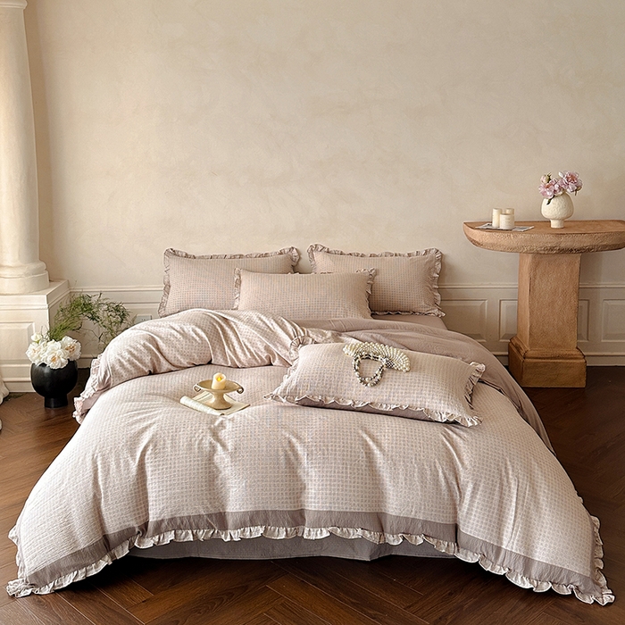 91家纺网 家纺一手货源 找家纺 遇见家居生活馆 2025新款亚麻双层纱印花四件套-往事 往事-复古咖