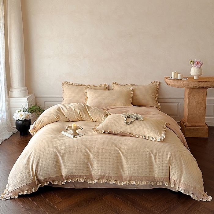 91家纺网 家纺一手货源 找家纺 遇见家居生活馆 2025新款亚麻双层纱印花四件套-往事 往事-奶油黄