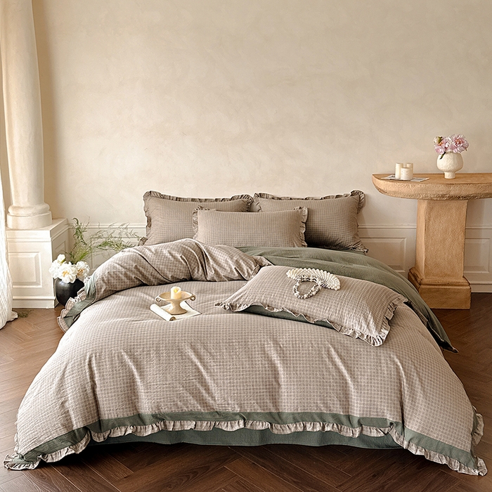 91家纺网 家纺一手货源 找家纺 遇见家居生活馆 2025新款亚麻双层纱印花四件套-往事 往事-深灰色