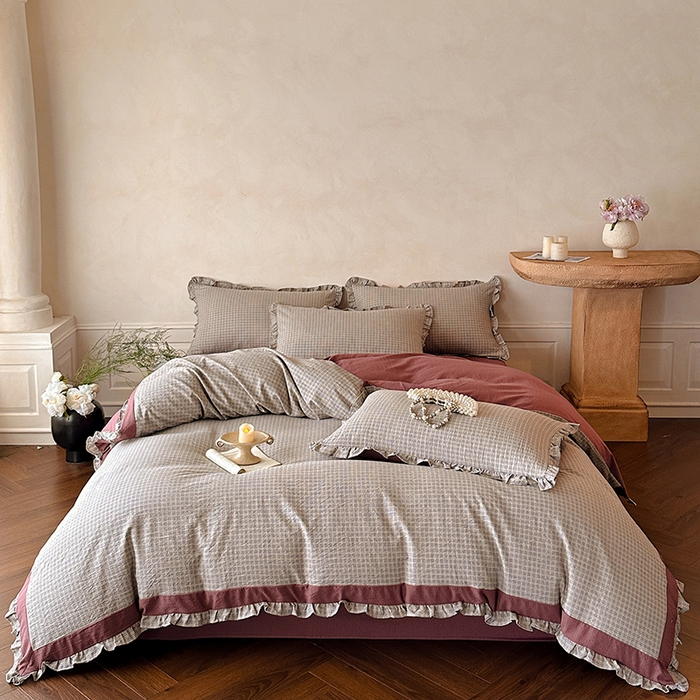 遇见家居生活馆 2025新款亚麻双层纱印花四件套-往事 往事-枫叶红