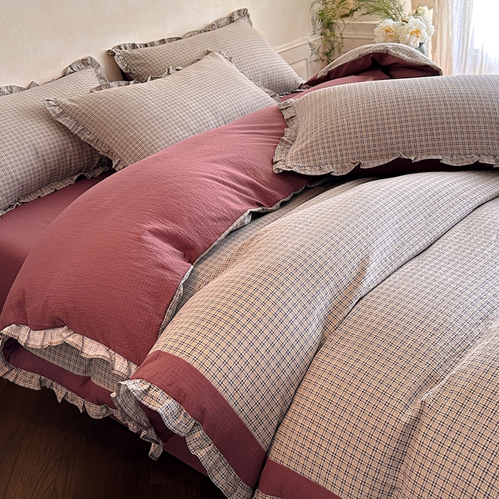 91家纺网 家纺一手货源 找家纺 遇见家居生活馆 2025新款亚麻双层纱印花四件套-往事 往事-枫叶红