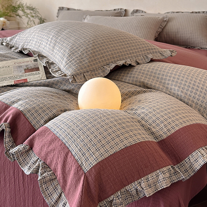 91家纺网 家纺一手货源 找家纺 遇见家居生活馆 2025新款亚麻双层纱印花四件套-往事 往事-枫叶红