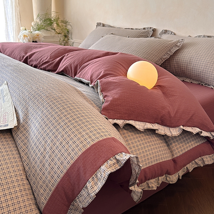 91家纺网 家纺一手货源 找家纺 遇见家居生活馆 2025新款亚麻双层纱印花四件套-往事 往事-枫叶红