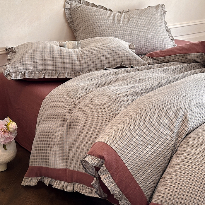 91家纺网 家纺一手货源 找家纺 遇见家居生活馆 2025新款亚麻双层纱印花四件套-往事 往事-枫叶红