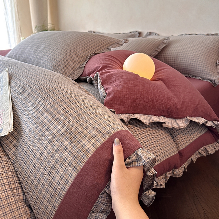 91家纺网 家纺一手货源 找家纺 遇见家居生活馆 2025新款亚麻双层纱印花四件套-往事 往事-枫叶红