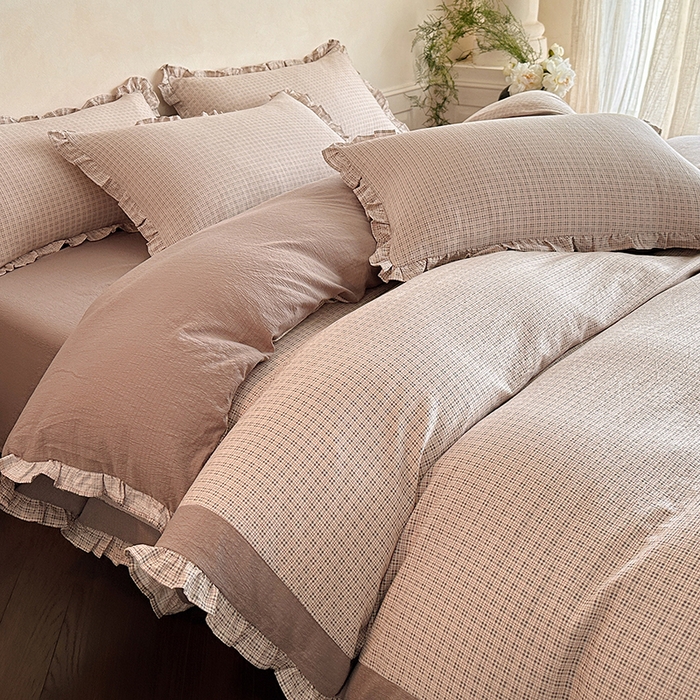 91家纺网 家纺一手货源 找家纺 遇见家居生活馆 2025新款亚麻双层纱印花四件套-往事 往事-复古咖