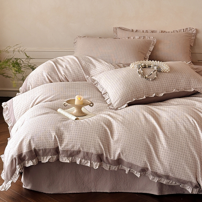 91家纺网 家纺一手货源 找家纺 遇见家居生活馆 2025新款亚麻双层纱印花四件套-往事 往事-复古咖