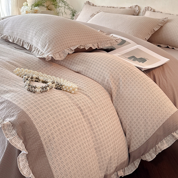 91家纺网 家纺一手货源 找家纺 遇见家居生活馆 2025新款亚麻双层纱印花四件套-往事 往事-复古咖