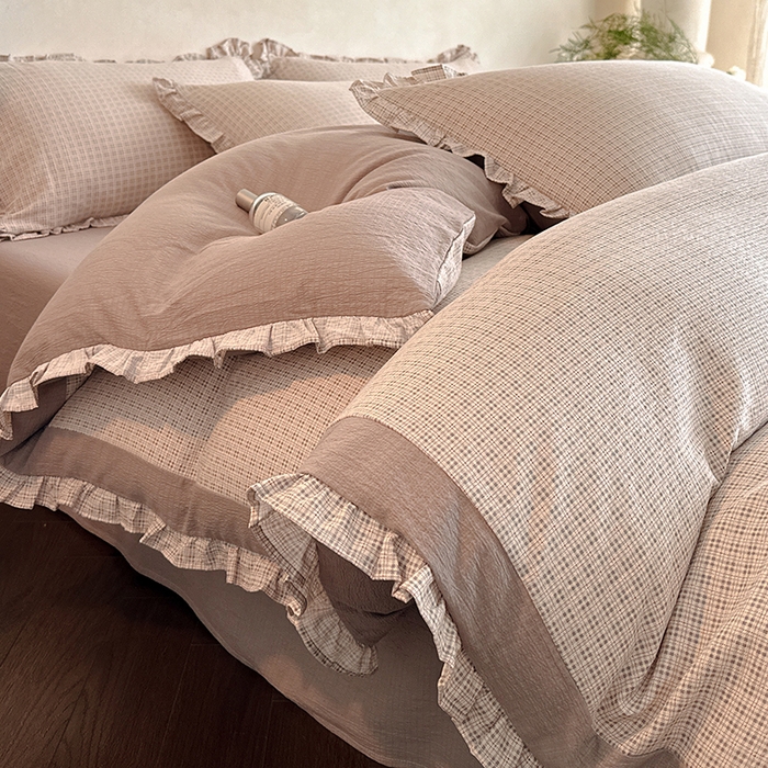 91家纺网 家纺一手货源 找家纺 遇见家居生活馆 2025新款亚麻双层纱印花四件套-往事 往事-复古咖