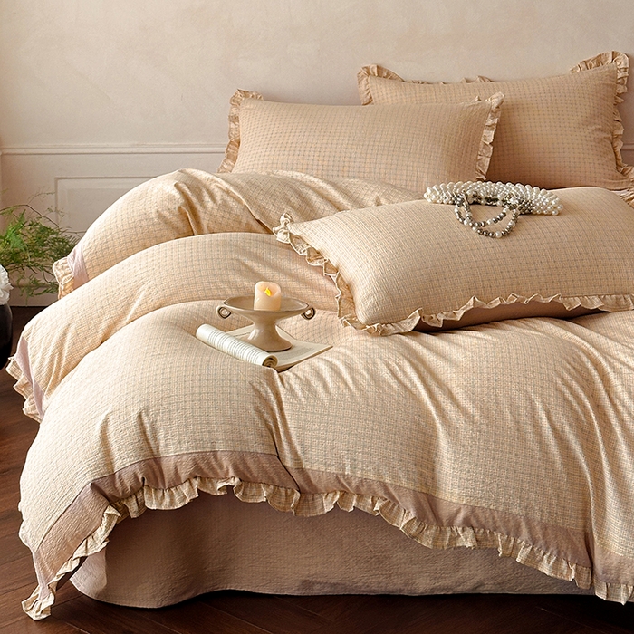 91家纺网 家纺一手货源 找家纺 遇见家居生活馆 2025新款亚麻双层纱印花四件套-往事 往事-奶油黄