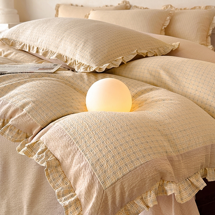 91家纺网 家纺一手货源 找家纺 遇见家居生活馆 2025新款亚麻双层纱印花四件套-往事 往事-奶油黄