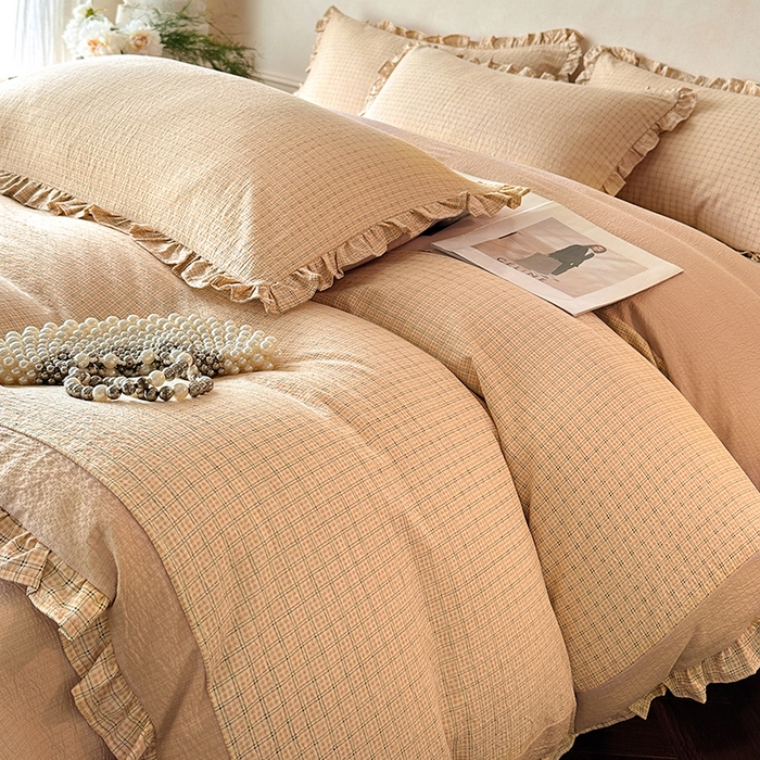 91家纺网 家纺一手货源 找家纺 遇见家居生活馆 2025新款亚麻双层纱印花四件套-往事 往事-奶油黄