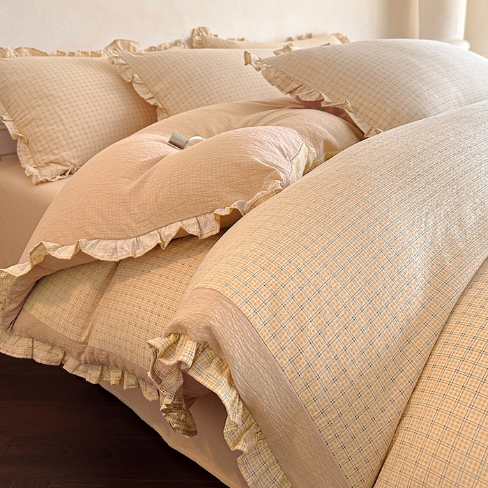 91家纺网 家纺一手货源 找家纺 遇见家居生活馆 2025新款亚麻双层纱印花四件套-往事 往事-奶油黄