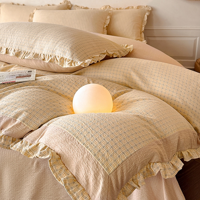 91家纺网 家纺一手货源 找家纺 遇见家居生活馆 2025新款亚麻双层纱印花四件套-往事 往事-奶油黄