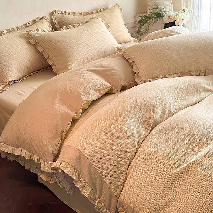 91家纺网 家纺一手货源 找家纺 遇见家居生活馆 2025新款亚麻双层纱印花四件套-往事 往事-奶油黄