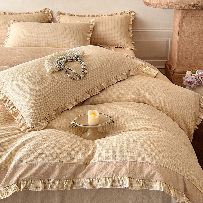 91家纺网 家纺一手货源 找家纺 遇见家居生活馆 2025新款亚麻双层纱印花四件套-往事 往事-奶油黄