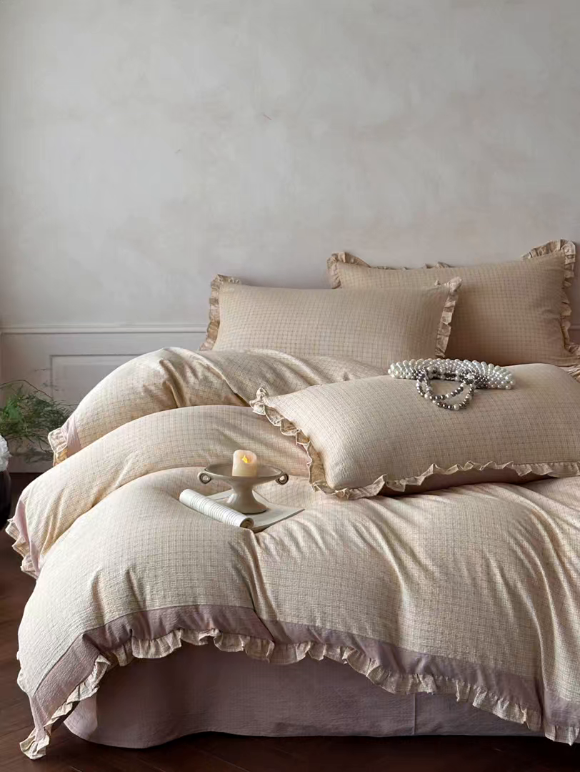 91家纺网 家纺一手货源 找家纺 遇见家居生活馆 2025新款亚麻双层纱印花四件套-往事 往事-奶油黄