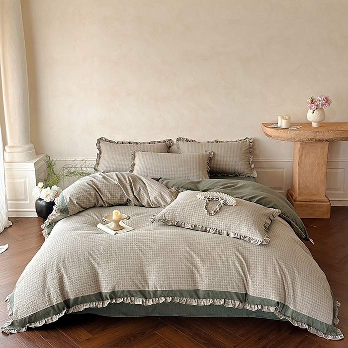 遇见家居生活馆 2025新款亚麻双层纱印花四件套-往事 往事-浅灰色