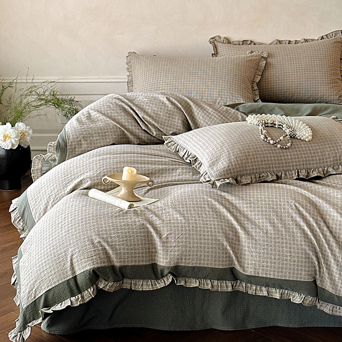 91家纺网 家纺一手货源 找家纺 遇见家居生活馆 2025新款亚麻双层纱印花四件套-往事 往事-浅灰色