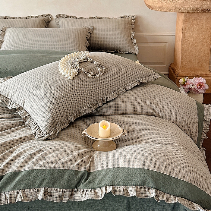 91家纺网 家纺一手货源 找家纺 遇见家居生活馆 2025新款亚麻双层纱印花四件套-往事 往事-浅灰色