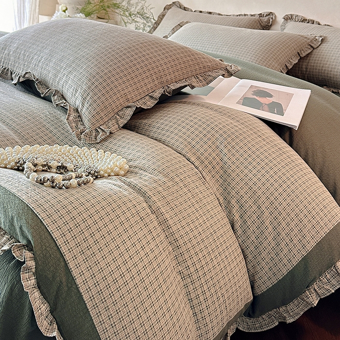 91家纺网 家纺一手货源 找家纺 遇见家居生活馆 2025新款亚麻双层纱印花四件套-往事 往事-浅灰色