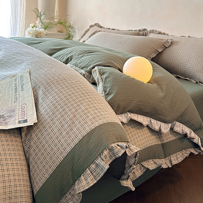 91家纺网 家纺一手货源 找家纺 遇见家居生活馆 2025新款亚麻双层纱印花四件套-往事 往事-浅灰色