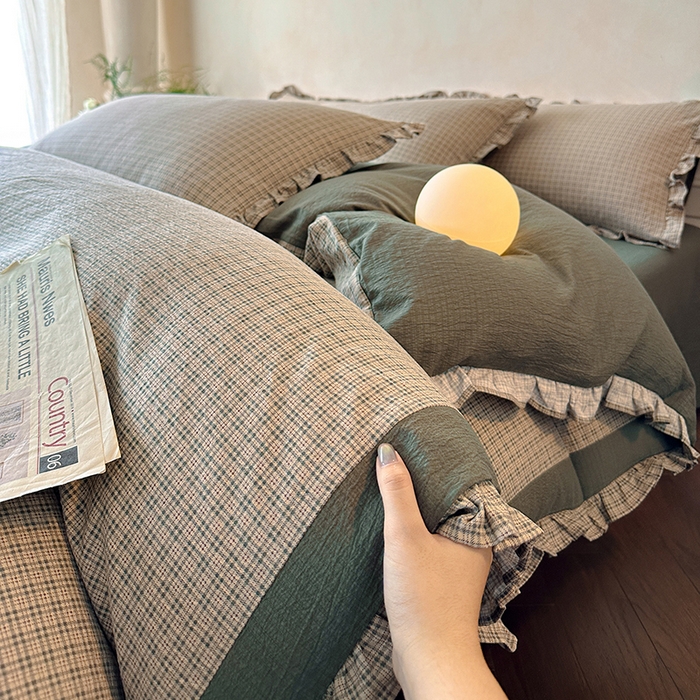 91家纺网 家纺一手货源 找家纺 遇见家居生活馆 2025新款亚麻双层纱印花四件套-往事 往事-浅灰色