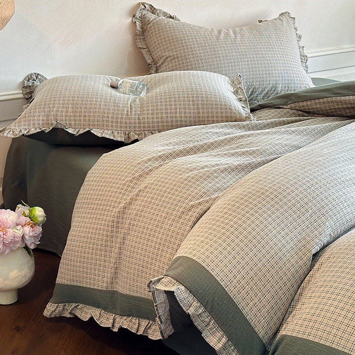 91家纺网 家纺一手货源 找家纺 遇见家居生活馆 2025新款亚麻双层纱印花四件套-往事 往事-浅灰色