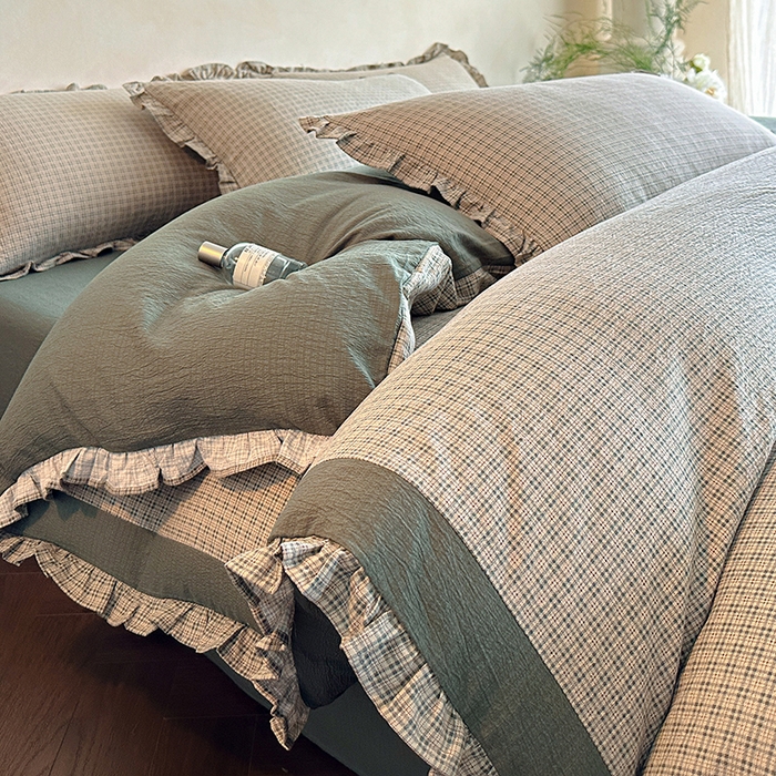 91家纺网 家纺一手货源 找家纺 遇见家居生活馆 2025新款亚麻双层纱印花四件套-往事 往事-浅灰色