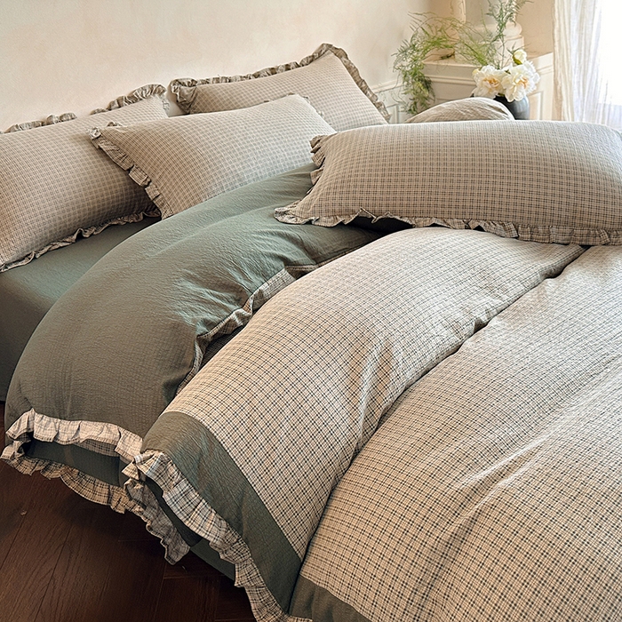 91家纺网 家纺一手货源 找家纺 遇见家居生活馆 2025新款亚麻双层纱印花四件套-往事 往事-浅灰色