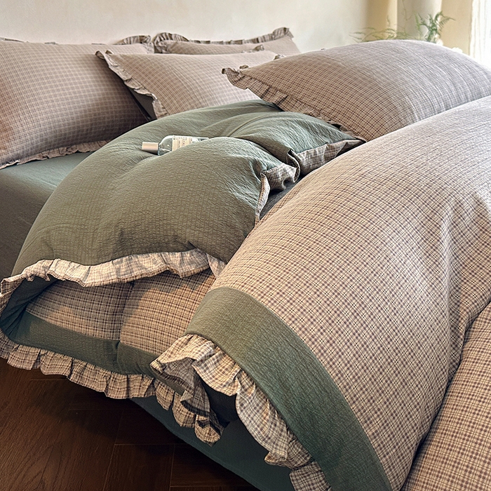 91家纺网 家纺一手货源 找家纺 遇见家居生活馆 2025新款亚麻双层纱印花四件套-往事 往事-深灰色