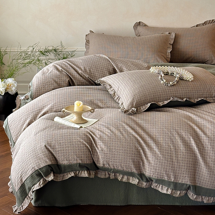 91家纺网 家纺一手货源 找家纺 遇见家居生活馆 2025新款亚麻双层纱印花四件套-往事 往事-深灰色