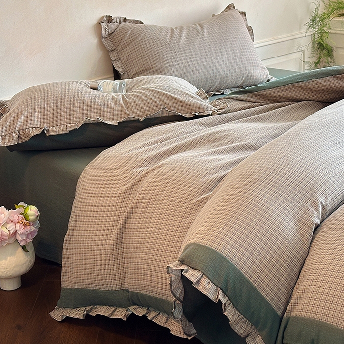 91家纺网 家纺一手货源 找家纺 遇见家居生活馆 2025新款亚麻双层纱印花四件套-往事 往事-深灰色